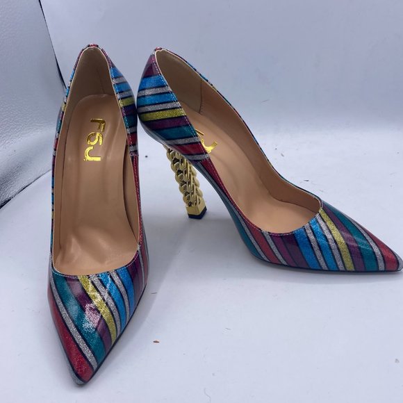 FSJ Multicolor Glitter Gold Metal Chain Chunky High Heel Pointed Toe Pumps - Picture 4 of 11